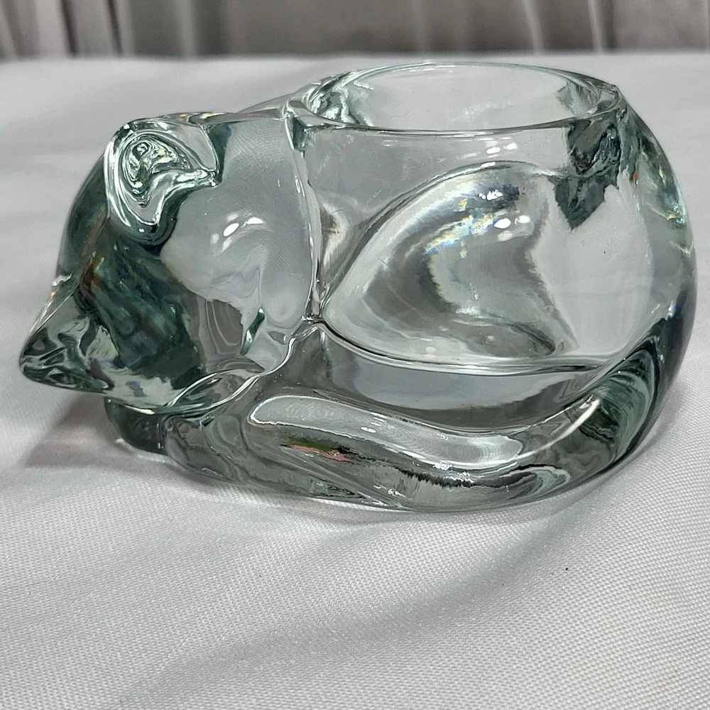 Vintage Clear Glass Sleeping Kitty Cat Votive Tea Light Candle Holder‎